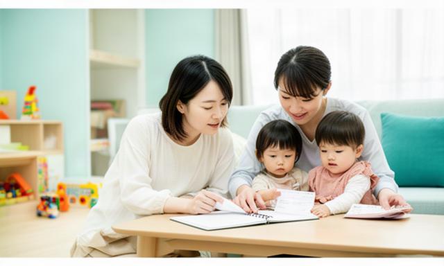 明るいリビングで家計ノートを囲む子育て夫婦と幼い子ども