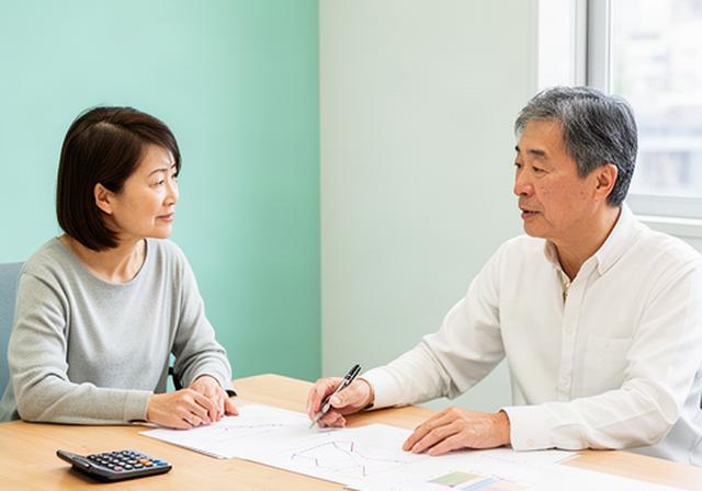 高槻市の落ち着いた相談室で夫婦が早期退職後の収入計画を確認している様子