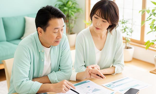 明るいリビングで家計表と投資計画を確認する共働き夫婦