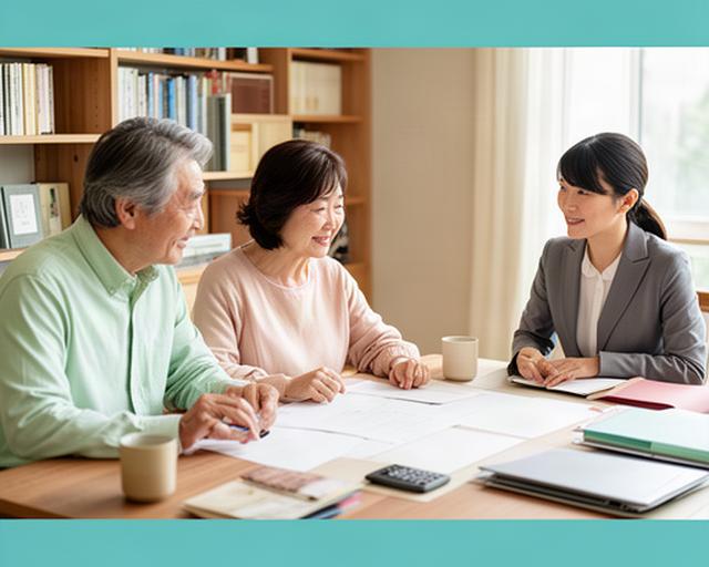 書斎で退職後の家計資料を一緒に確認する中年の夫婦とファイナンシャルプランナー