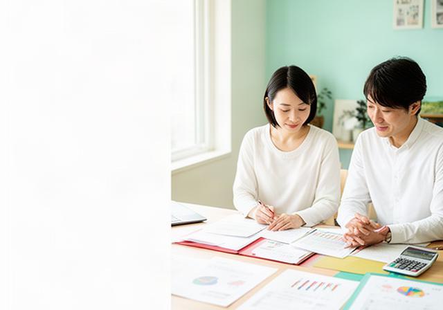 高槻市の事業主夫婦が自宅の明るい机で家計と事業承継の資料を確認している様子