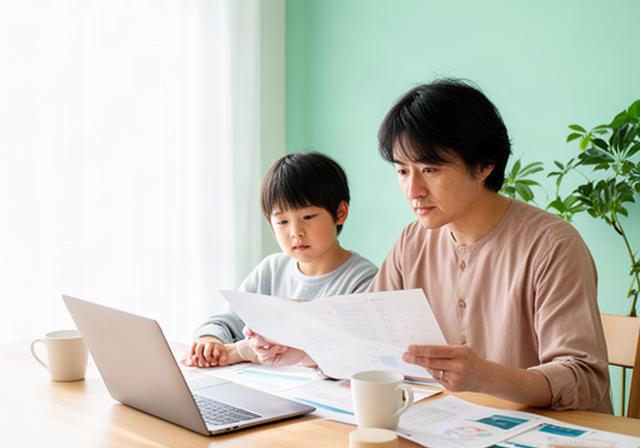 明るい自宅のテーブルで家計資料を確認する親子とノートパソコン